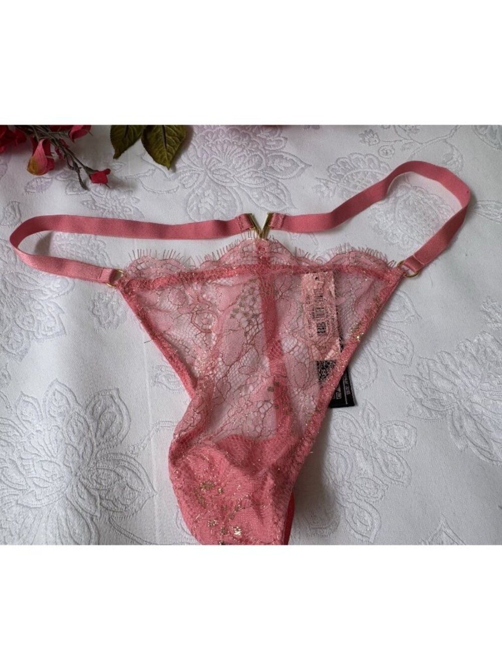 VICTORIA'S SECRET S CORAL GOLD SHIMMER V STRING THONG V LOGO BACK PANTIES NWT